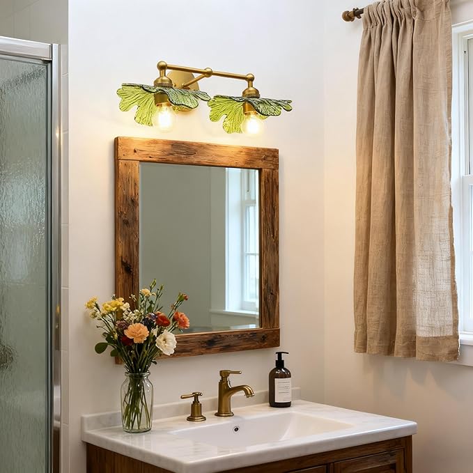 Pathson 2-Lights Wall Sconce Green Petal Glass, Hardwired Double-Head Bathroom Sconces Boho Brass Vanity Light for Wall Decor Living Room, Kitchen Sink, Bedroom, Farmhouse