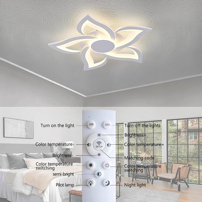LED Ceiling Light with Remote, Modern Flush Mount Ceiling Light Fixtures, White 24" Flower Close to Ceiling Light Fixtures, 3000K-6000K Dimmable Ceiling Lamp for Bedroom, Kitchen, Dining room