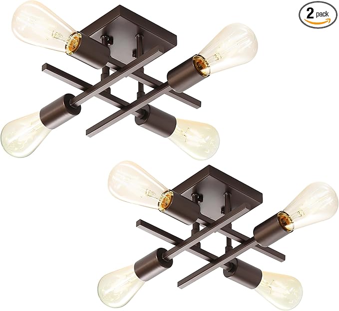 Industrial 4-Light Semi Flush Mount Ceiling Light Fixture, Modern Oil Rubbed Bronze Chandelier Lighting, Farmhouse Sputnik Ceiling Lamp with E26 Bulb Base for Living Room Hallway, 2 Pack