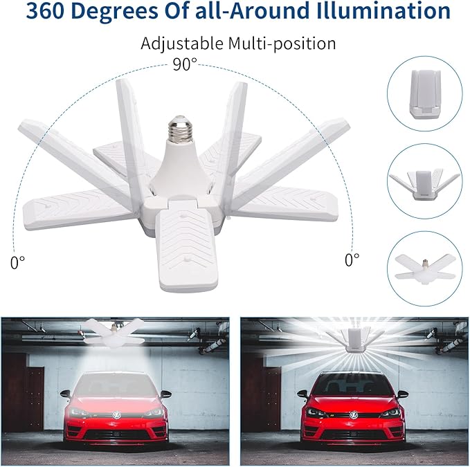 Deformable LED Garage Lights 4 Pack with 5 Adjustable Panels, 10000LM 6500K High Bay Light for Basement Warehouse Workshop