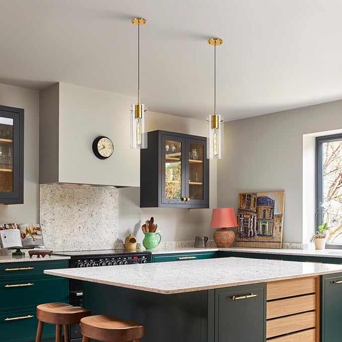 Gold Pendant Light Fixtures, 2 Pack Modern Pendant Lighting with Clear Striped Glass Shade, Hanging Pendant Lights Kitchen Island, Farmhouse Pendant Lighting for Dining Room Bedroom Bathroom
