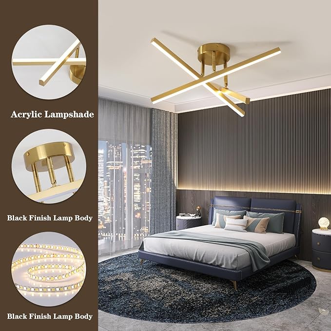 Gold Modern Sputnik Chandelier Ceiling Light Fixtures,3-Lights Industrial Metal Semi Flush Mount Ceiling Light for Bedroom Dining Room Living Room Kitchen Hallway(Gold, 3 Head)