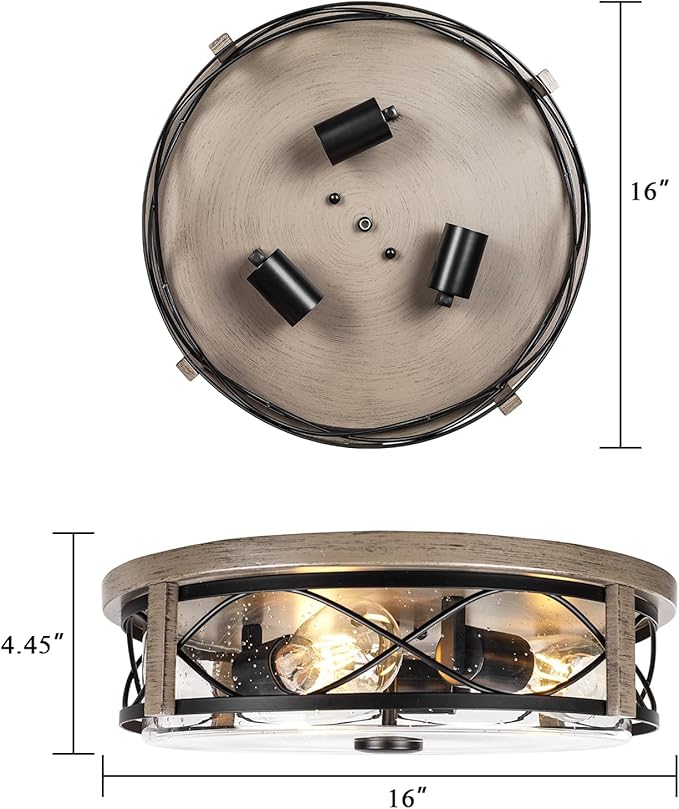 16 Inch Farmhouse Flush Mount Ceiling Light With Seeded Glass, 3-Light Wood Grain Round Lamp, Modern Large Indoor Outdoor Lighting for Kitchen Bedroom Living Dining Room