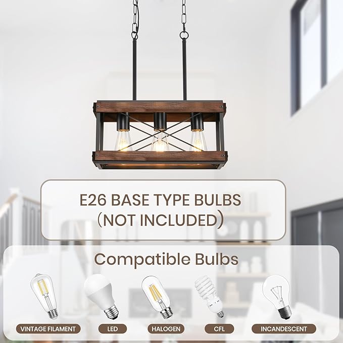 HOXIYA Farmhouse Kitchen Island Light, 3 Lights Pendant Lighting Fixture, Rustic Wood Chandelier, Adjustable Height Metal Linear Light for Dining Room Kitchen Bar Pool Table.