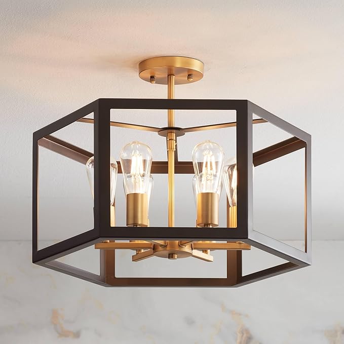 Possini Euro Design Beni Industrial Rustic Farmhouse Ceiling Light Semi Flush-Mount Fixture 20" Wide Antique Bronze Gold 6-Light Open Pentagon Frame for Bedroom Kitchen Living Room Hallway Dining