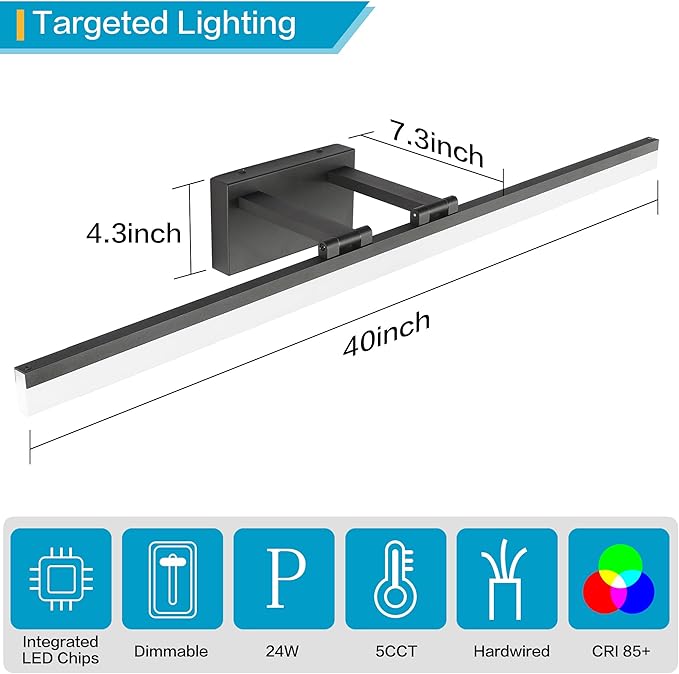 SOLFART Dimmable Matt Black Bathroom Vanity Light Light Fixtures for Bath 39.4 Inch 5 Color Temperature LED Light Above Mirror Bathroom Vanity Lights Over Mirror 5CCT
