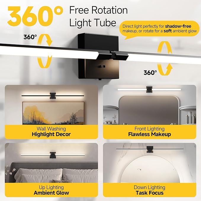 Vanity Lights 48 inch, 4-Level Brightness Built-in Dimmer, 28W Dimmable 5CCT Bathroom Light Fixtures Over Mirror, Black Vanity Lights for Bathroom Mirror Cabinets Bedroom-FCC ETL Certified
