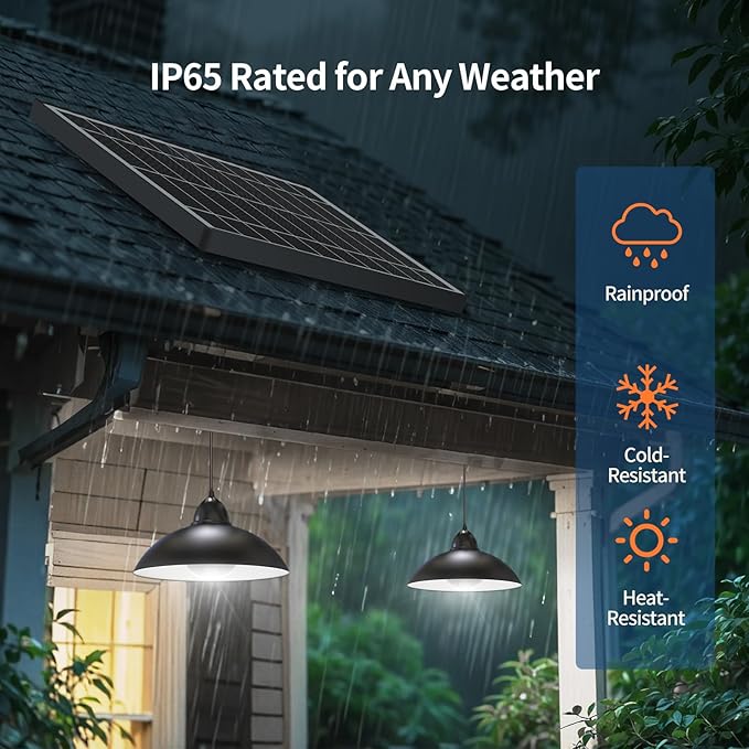 Lightonight Solar Pendant Light with Remote Control, 3 Color Dimmable Double Bulb, IP65 Weatherproof Dusk to Dawn Solar Light for Gazebo,Barn,Shed,Garage,Patio,Pergola,Chicken Coop,Stables,Tents