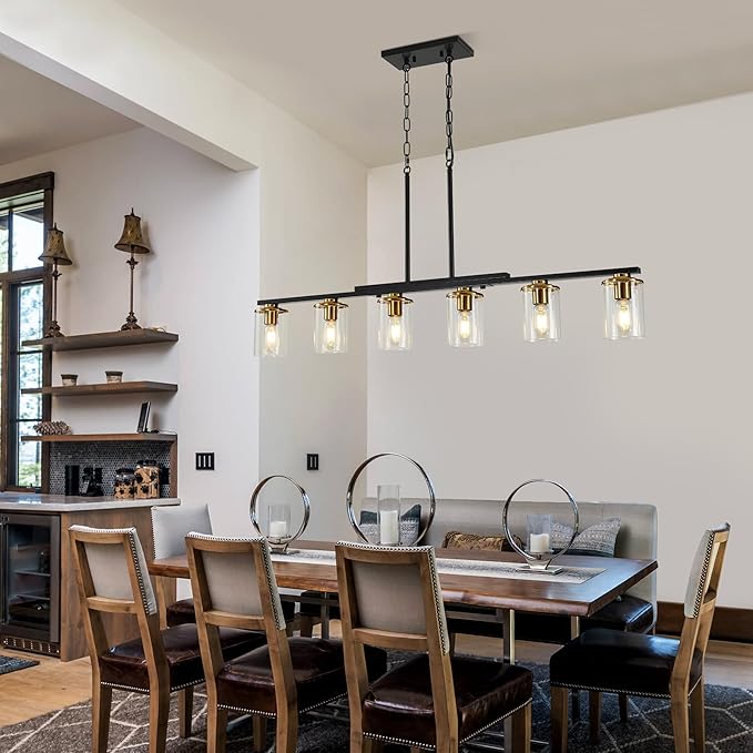 6-Light Kitchen Island Lighting,Dining Room Lights Modern Farmhouse Chandelier with Clear Glass Shade,Modern Rustic Black and Gold Metal Chandelier, Kitchen Pendant Light Fixtures Over Table