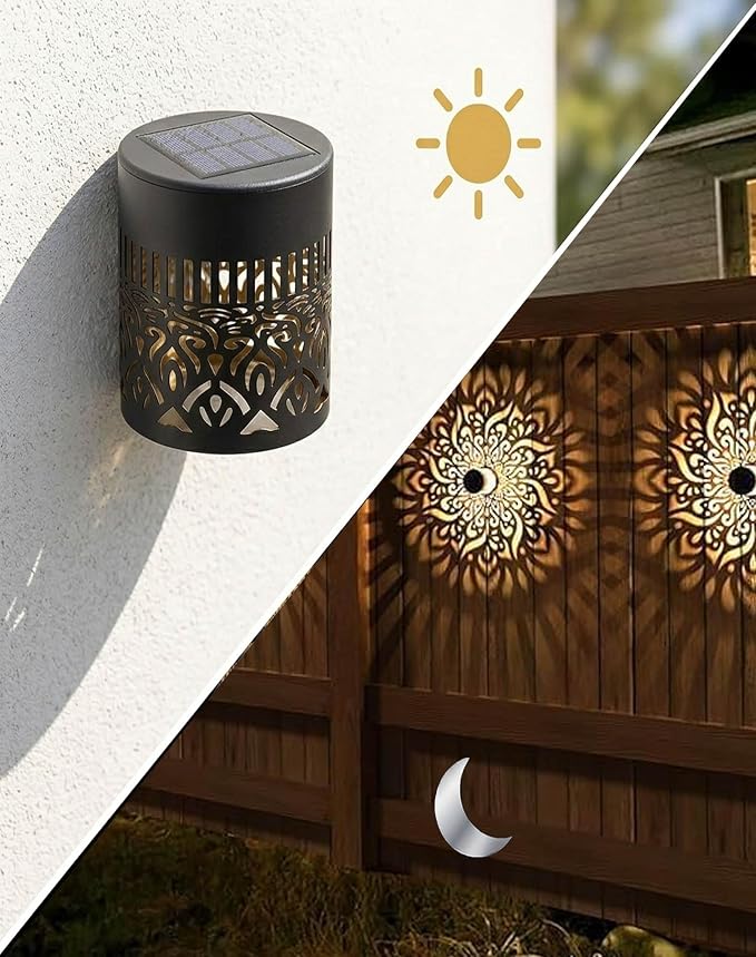 Decorative Solar Mandala Lights, 2027 New Solar Mandala Lights Outdoor, Waterproof Metal Solar Fence Lights, Warm White LED Shadow Projector, Solar Powered Garden Decor for Patio, Porch, Wall (4set)