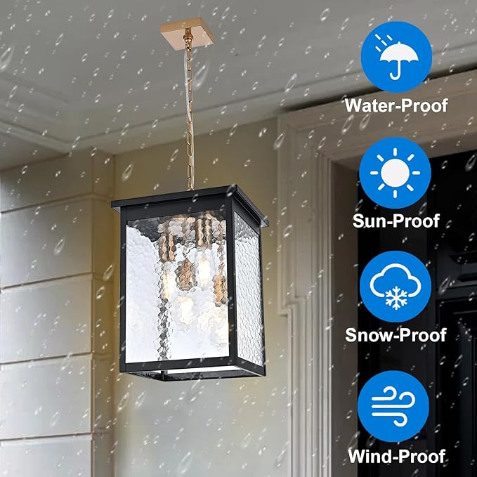 Large Outdoor Pendant Light Fixture, 4-Light Black & Brushed Brass Farmhouse Exterior Hanging Light Fixture with Hammer Glass Adjustable Chain, Outdoor Hanging Lantern for Porch Entrance Front
