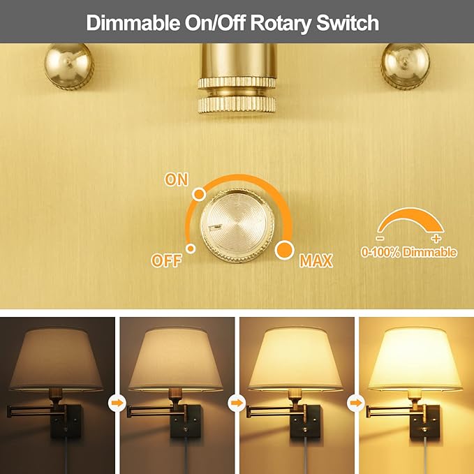 TRLIFE Dimmable Wall Sconce Plug in, Brushed Brass Wall Sconces Set of 2 Swing Arm Wall Lights with Plug in Cord and Dimmer On/Off Knob Switch, 11.8" Large White Fabric Shade(2 LED Bulbs Included)
