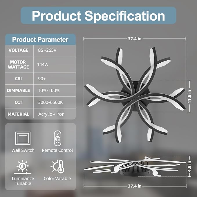 Modern LED Flush Mount Ceiling Light - 12 Lights Dimmable Close-to-Ceiling Fixture with Remote Control, 144W 3000K-6500K Adjustable Color Temperature (Black)