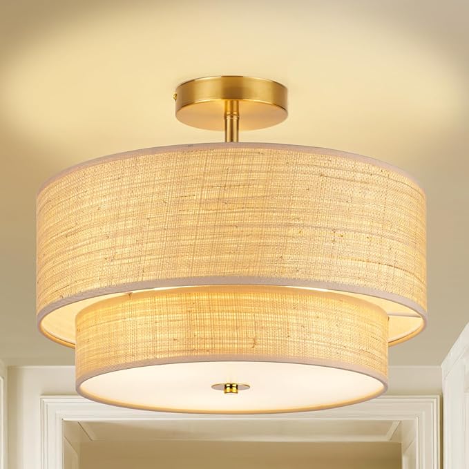16 Inch Semi Flush Mount Ceiling Light, Double Raffia Woven Drum Shade, Rattan and Gold Farmhouse Ceiling Lamp for Bedroom, Living Room, Dining Room, Kitchen