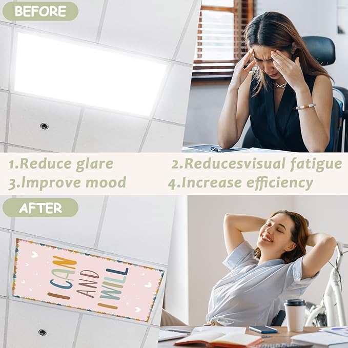 Wiooffen 6 Pcs Fluorescent Light Covers with 60 Magnets Decorative for Classroom Ceiling Lights 4 x 2 Feet Magnetic Light Cover Filter Easy Install for Office Hospital Home Ceiling Supplies (Boho)