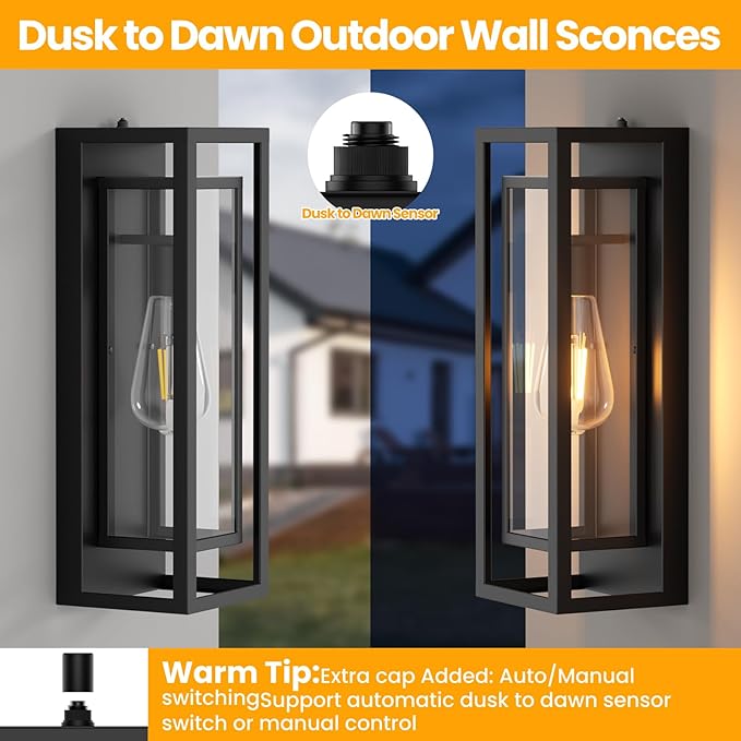 AIBISDO 18In Large Dusk to Dawn Outdoor Wall Light -2 Pack, Waterproof Outdoor Garage Lighting Fixtures with Clear Glass Shade, Auto On/Off Porch Light for Patio, Garage, Front Door（Black）