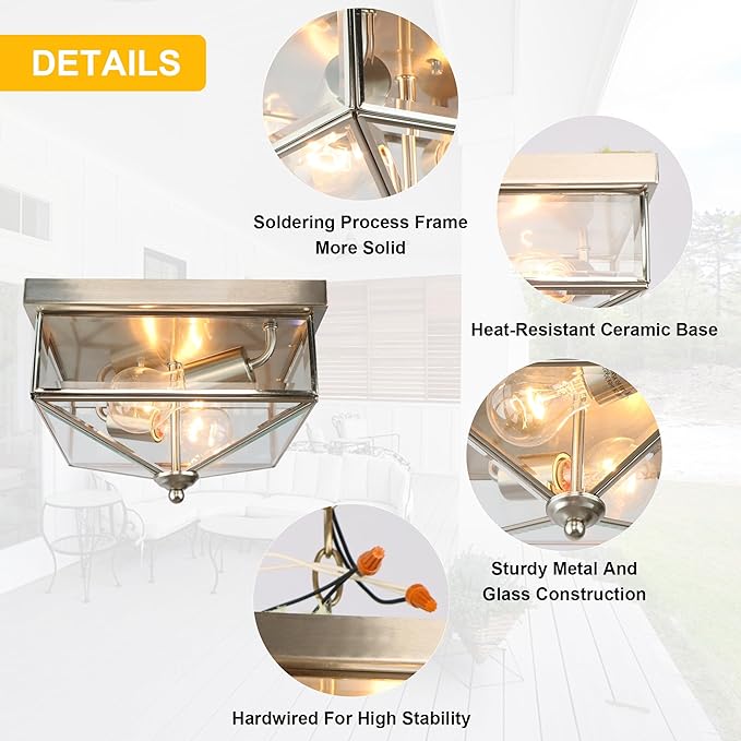 Kalium Flush Mount Ceiling Light Fixture, 2-Light Brushed Nickel Ceiling Light with Clear Glass, Modern Farmhouse Indoor/Outdoor Lighting for Kitchen, Hallway, Entryway, Foyer, Stairway (E26 Base)