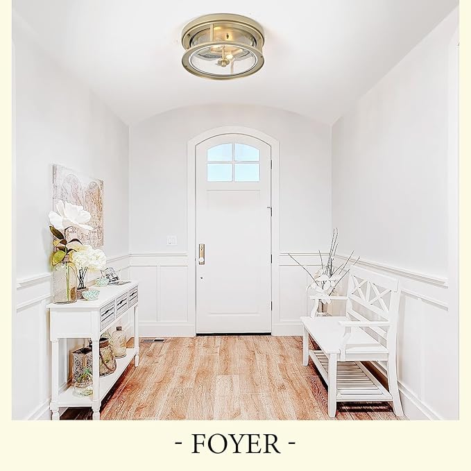 Gold Flush Mount Ceiling Light Fixture with Glass Brass Ceiling Light Fixture for Bedroom, Indoor Outdoor Ceiling Lights for Porch Hallway Kitchen