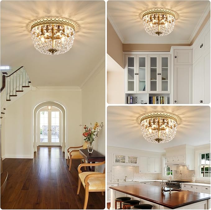 Crystal Flush Mount Ceiling Light Fixture 3 Lights French Empire Chandeliers Lighting for Dining Living Room Foyer Kitchen Bedroom Hallway Entryway,Brushed Brass Finish,W12.6 inch X H8.27inch