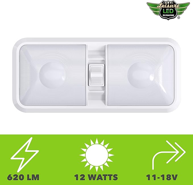 Leisure LED 2 Pack RV LED Ceiling Double Dome Light Fixture with ON/Off Switch Interior Lighting for Car/RV/Trailer/Camper/Boat DC 12V 48X2835SMD (Frosted Lens Natural White 4000-4500K, 2-Pack)