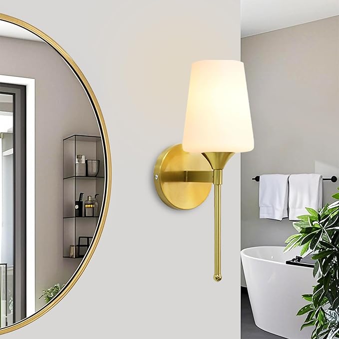 New Bathroom Vanity Light Fixtures 3 Lights Brushed Brass Glass Shade Modern Wall Bar Sconce Over Mirror (Brushed Brass, 1T)
