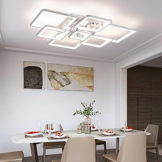 Modern LED Ceiling Light 35.04" Dimmable Chrome Flush Mount Ceiling Light with Remote 7 Rings 90W 3000K-6500K Ceiling Lamp for Living Room,Bedroom,Kitchen