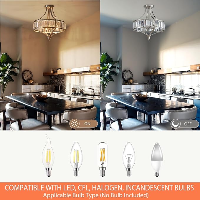 Brushed Nickel 4-Light Crystal Semi Flush Mount Ceiling Light Fixture Rustic Farmhouse Ceiling Lighting with Round Metal Shade Chandelier for Dining Room, Hallway, Bedroom, Foyer