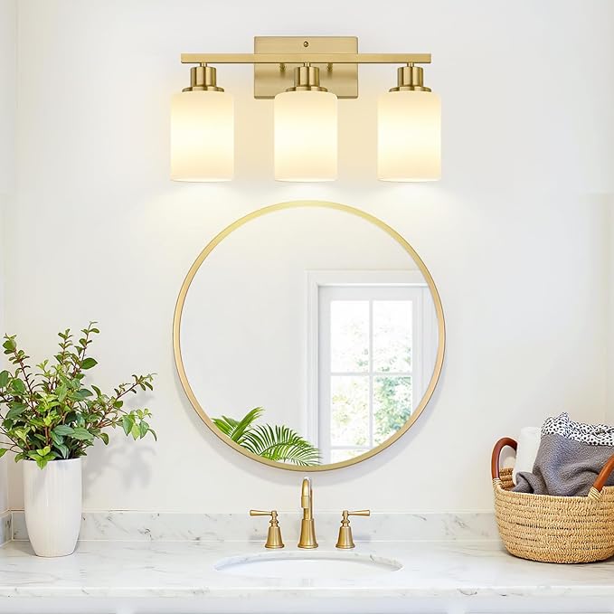 MOKATNG 3-Light Bathroom Light Fixtures, Brushed Gold Vanity Light with Milky White Shades, Bathroom Lighting Fixtures Over Mirror, Modern Bathroom Wall Lamp for Mirror Living Room Cabinet Bedroom