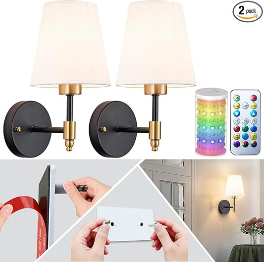 Peel and Stick Wall Sconces, Stick On Wall Sconce Set of 2, Battery Operated Wireless Adhesive Wall Lights, Corn Bulb with 10000mAh Battery, Easy Install for Bedroom Living Room Wall Decor