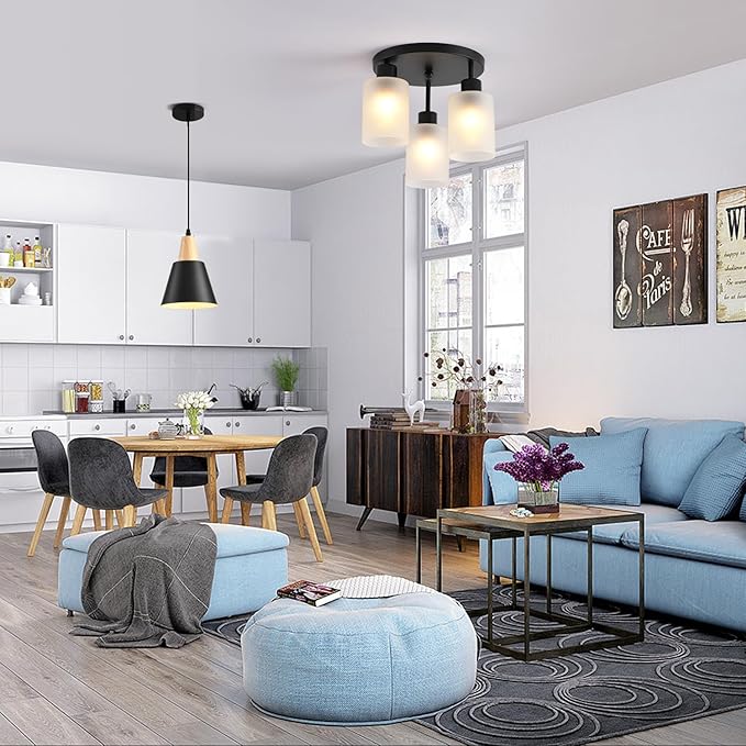 3 Pack Pendant Lights, Black Pendant Lights Kitchen Island,Wood Dome Minimalist Industrial Ceiling Hanging Lights for Kitchen Island, Barn, Dining Room, Living Room, Bedroom