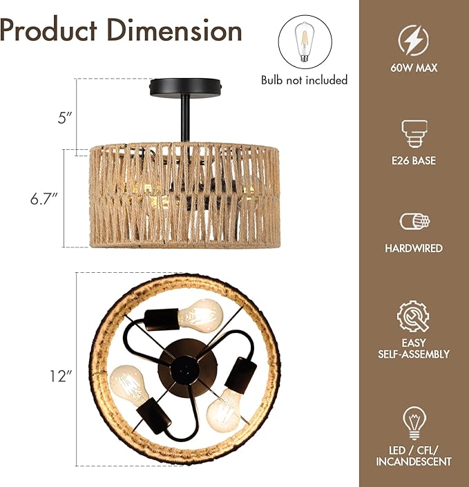 Boho Semi Flush Mount Ceiling Light Fixture Woven Rope Drum Lamp Natural Rattan Lighting for Bedroom Kitchen Hallway Entryway Closet Rustic Farmhouse Modern Bohemian Light Fixtures