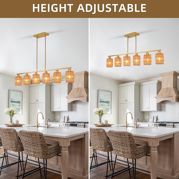 Rattan pendant lights for kitchen island,6-Light Boho Coastal Chandelier Gold,Bohemian Rustic Pendant Light Fixture for Dining Room,Height Adjustable,Farmhouse Woven Hanging Lights Over Table.