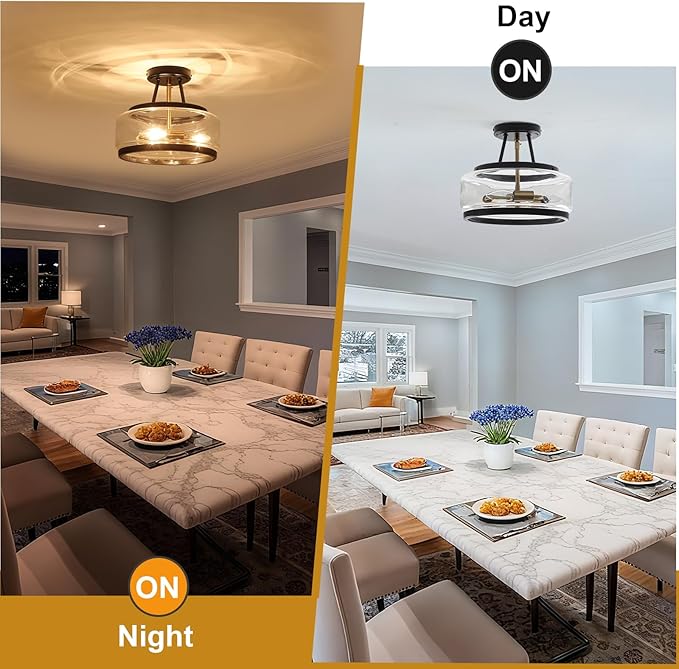 11.8" Black and Gold Semi Flush Mount Ceiling Light, Small Ceiling Lights with Clear Glass, Modern Drum Light Fixture for Hallyway Dining Room Foyer Entryway Bedroom Kitchen Bathroom, 3-Light