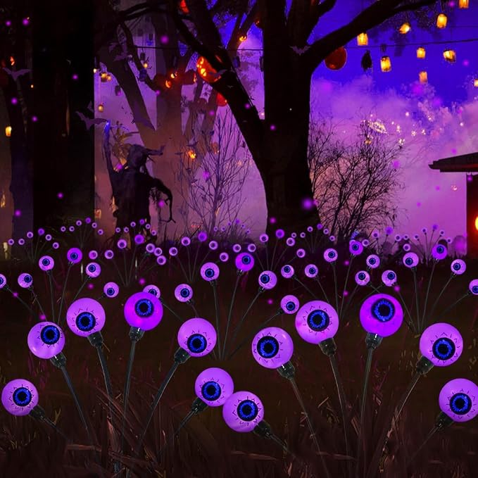 Solar Halloween Decorations Outdoor 6 Pack 36 LED Purple Eyeball Lights | Newly 3-Tier Design, 2 Lighting Modes, Auto ON/OFF, IP65 Waterproof, Creepy Lights for Walkway Yard Garden Scary Gathering