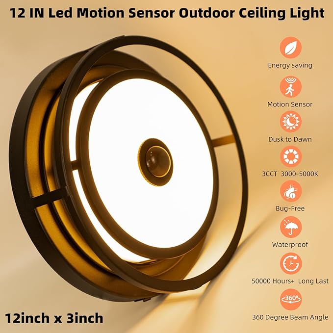 12IN LED Motion Sensor Outdoor Ceiling Light, Flush Mount Ceiling Light Fixtures, 3CCT 3000-5000K Dusk to Dawn Ceiling Porch Light Motion Sensor Outdoor Lights Waterproof for Porch Entryway Garage