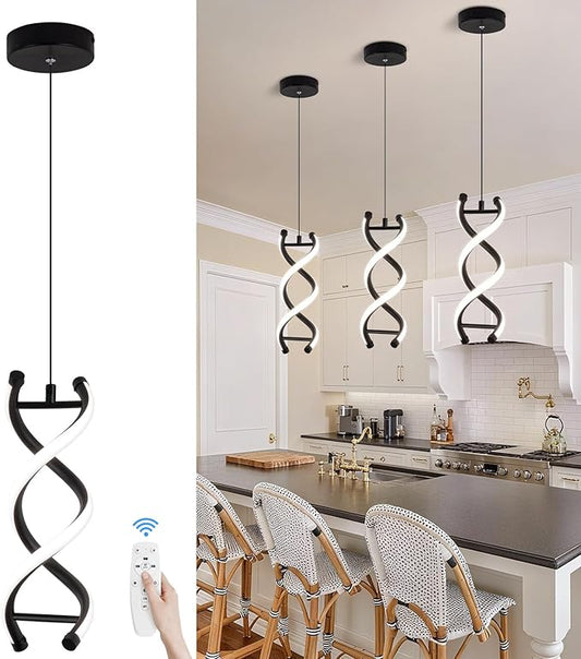 CANEOE Spiral Led Pendant Light Fixtures,3000K-6000K Dimmable Modern Integrated LED Pendant Lamp, Adjustable Height Kitchen Hanging Light Fixture for Living Room Bedroom Kitchen Sink, 1 Pack (Black)
