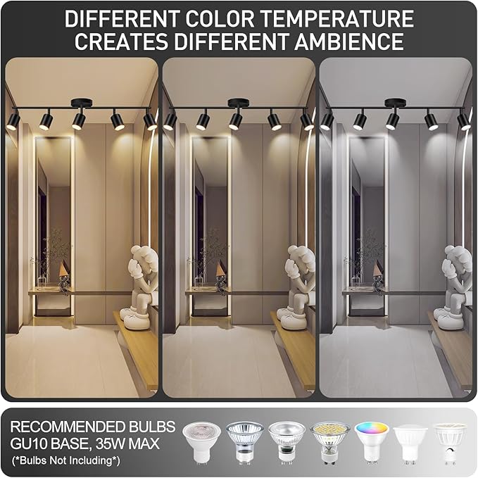 Track Lighting, Track Lighting Fixtures Ceiling Kit, Black Ceiling Lights for Kitchen, 30" Ceiling Spotlight, 5 Light Ceiling Spotlight with Rotatable Heads, Modern Wall Lighting(GU10 Socket, NO Bulb)