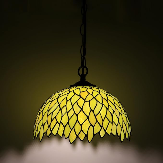 Tiffany Pendant Light Plug in Stained Glass Hanging lamp 12X12X181 Inch Hanging Lamp Living Room Bedroom Kitchen Dining Room Office(Yellow Wisteria)
