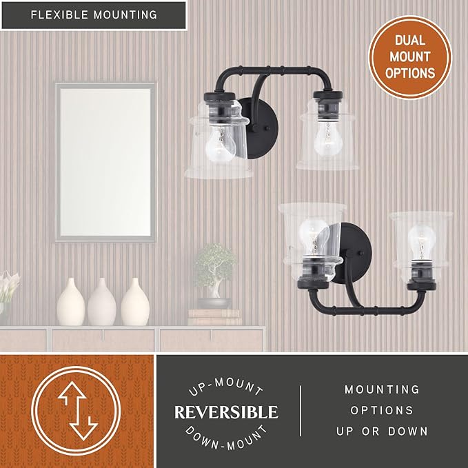 VAXCEL Toledo 2-Light 14.75 inch Wide Matte Black Industrial Bathroom Vanity Lighting Fixture, Clear Glass Shade, Dimmable, LED Compatible, Over The Mirror Mounted Steel Wall Sconce