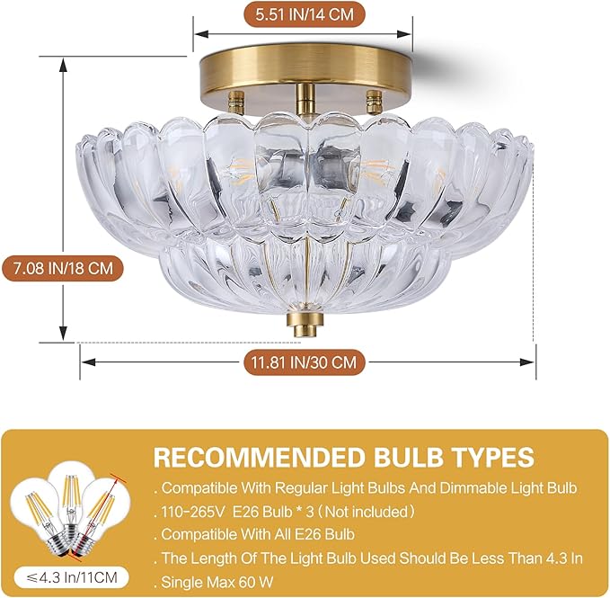 3-Lights Mid Century Modern Vintage Semi Flush Mount Ceiling Light Fixture,Gold Surface Treatment,Clear Flower Glass,for Hallway Bedroom Bathroom Foyer Closet Entryway Laundry Room(11.81 in)