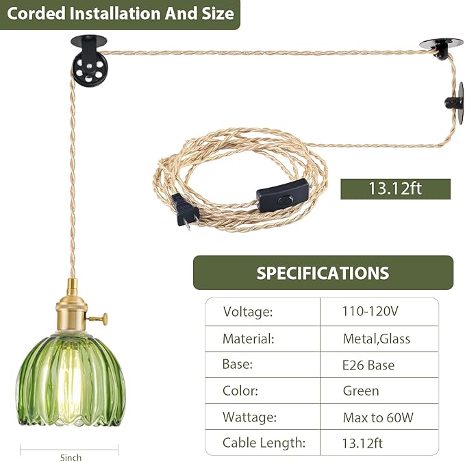 2 Pack Plug in Pendant Light Fixtures, Hanging Light Fixture Vintage Glass Pendant Light, Mini Green Tulip Hanging Lamp, Pendant Lighting for Kitchen Island, Bedroom, Dining Room, Living Room