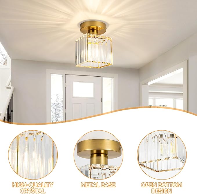Crystal Ceiling Light Fixture, Modern Semi Flush Mount Ceiling Light with Remote Control, Cube Gold Flush Mount Chandelier for Entryway Kitchen Bedroom Living Room Entryway (Bulb Included)