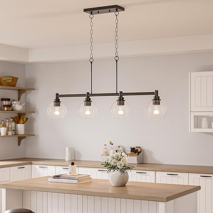 VONLUCE Dining Room Light Fixture Over Table, 4-Light Kitchen Island Lighting with Round Glass Shades & Adjustable Hanging Heights, Linear Chandlier for Dining Room Kitchen, Black, ETL Certificated