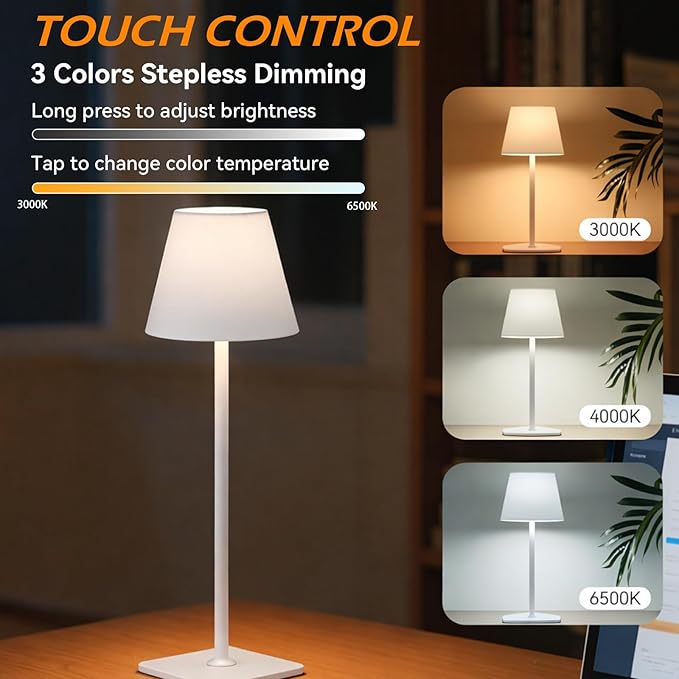 2-Pack Rechargeable Cordless Table Lamps, Battery-Operated Wireless Minimalist Table Lamp, 3 Colors Stepless Dimming LED Adjustable Height Table Lamp for Dining/Bedside/Camping (4, White)