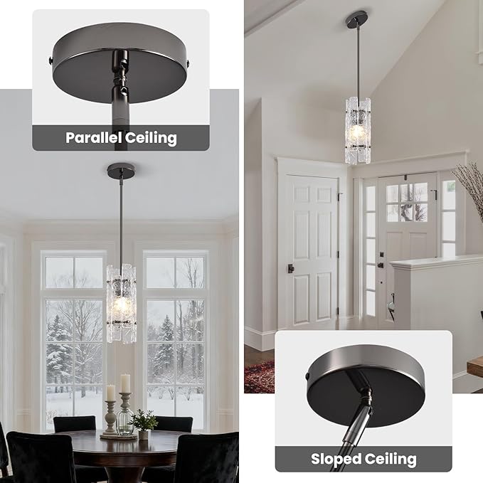 Pearl Black Crystal Pendant Light for Kitchen Island, Luxury Mini Water Ripple Glass Chandelier Fixture, Modern round Adjustable Hanging Pendant Lighting for Dining Room Bathroom Hallway (3-Pack)