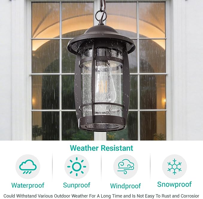 LOUSACE 1-Light Outdoor Pendant Light for Porch - Oil Rubbed Bronze Outdoor Chandelier Lantern Waterproof Aluminum Exterior Hanging Porch Light with Seeded Glass for Entrance, Gazebo, Patio, ETL List