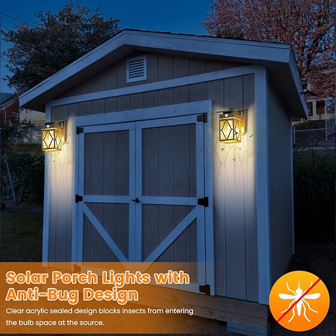 2 Pack Solar Porch Lights Outdoor, Dusk to Dawn & Motion Sensor Solar Wall Light with Lantern Shape, 3 Modes IP65 Waterproof, E26 Bulb Exterior Sconce for Front Porch, Garage, Patio Security