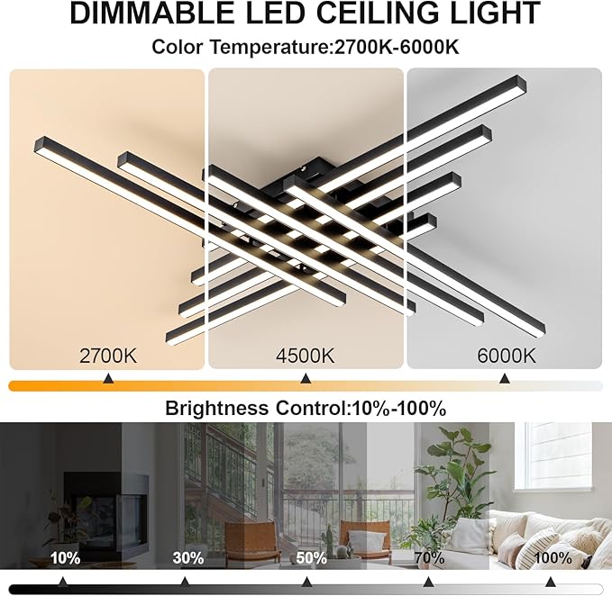 JAYMP 45.7" Modern Ceiling Light with Remote, Black Sputnik Ceiling Lamp, 128W Dimmable LED Lighting Fixture for Dining Room, Living Room, Kitchen Island, 8 Lights