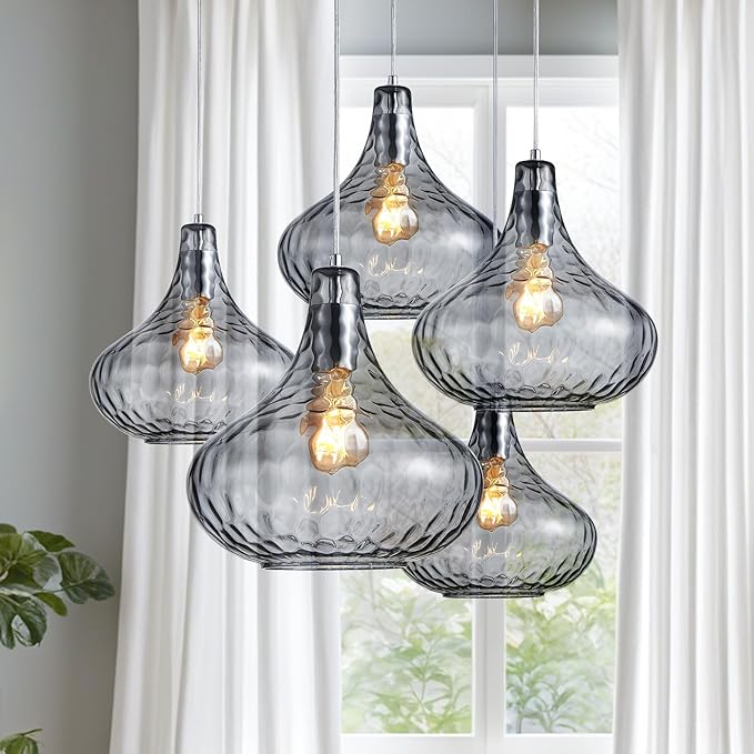 Hammered Glass Pendant Light - 11" Vintage Industrial Farmhouse Fixture for Kitchen Island, Dining Room & Entryway, Smoke Gray Ceiling Hanging Light with Chrome Finish,Easy Install Modern Chandelier