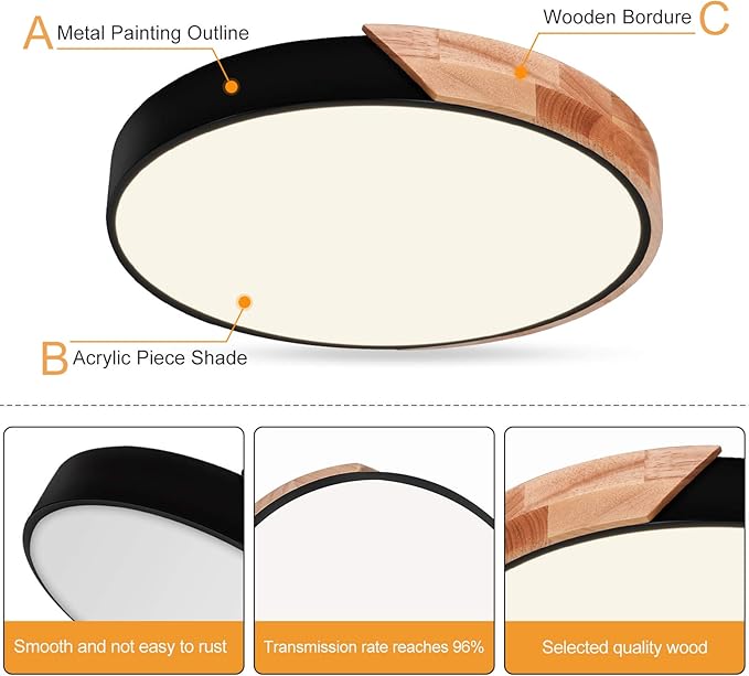 EDISLIVE Ceiling Light Dimmable 15 inch Modern Minimalist LED Round Shaped Wood & Metal & Acrylic Flush Mount Ceiling Light with Remote Control Black